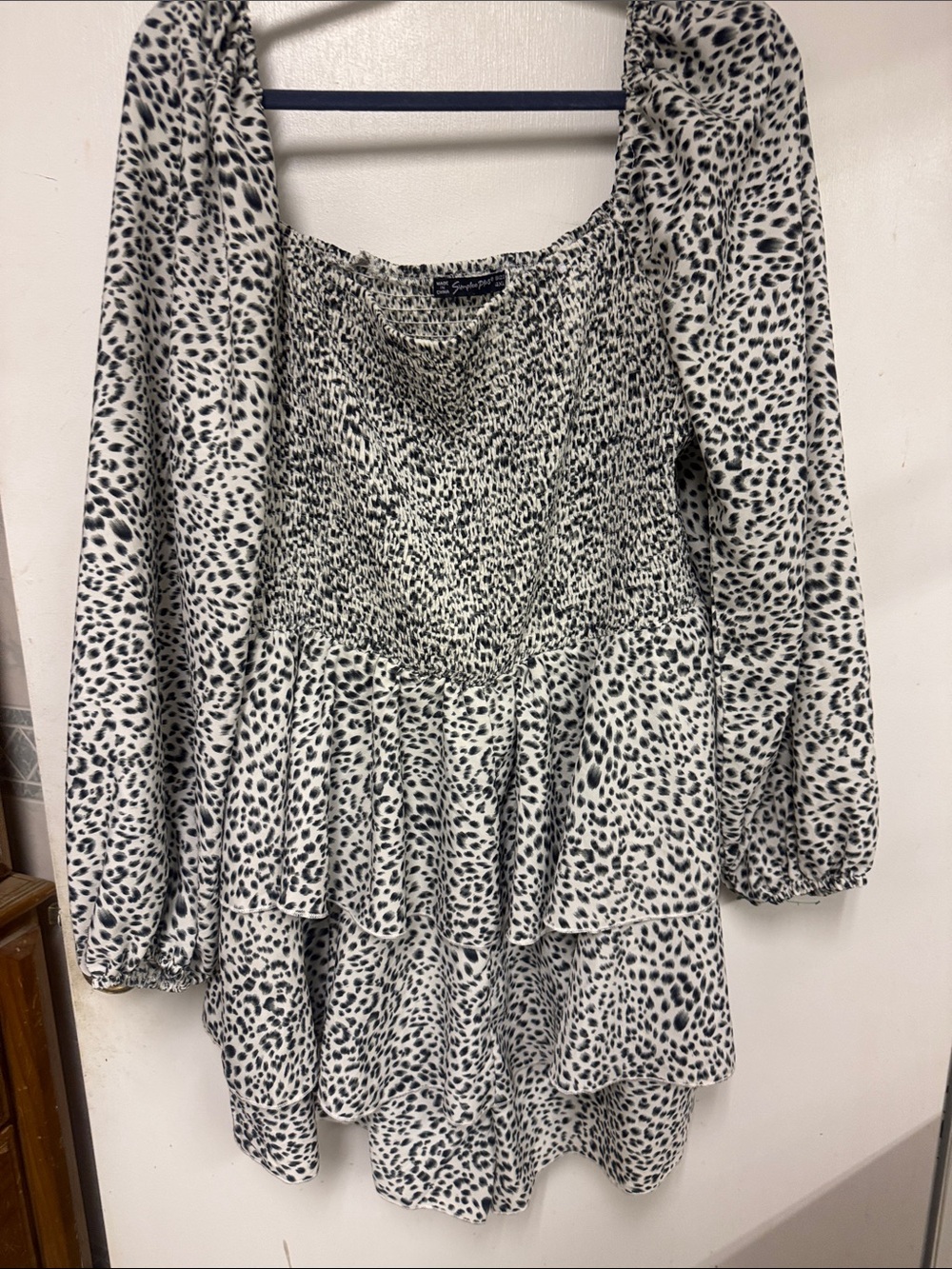 Smocked Tiered Long-Sleeve Mini Dress in Black & White